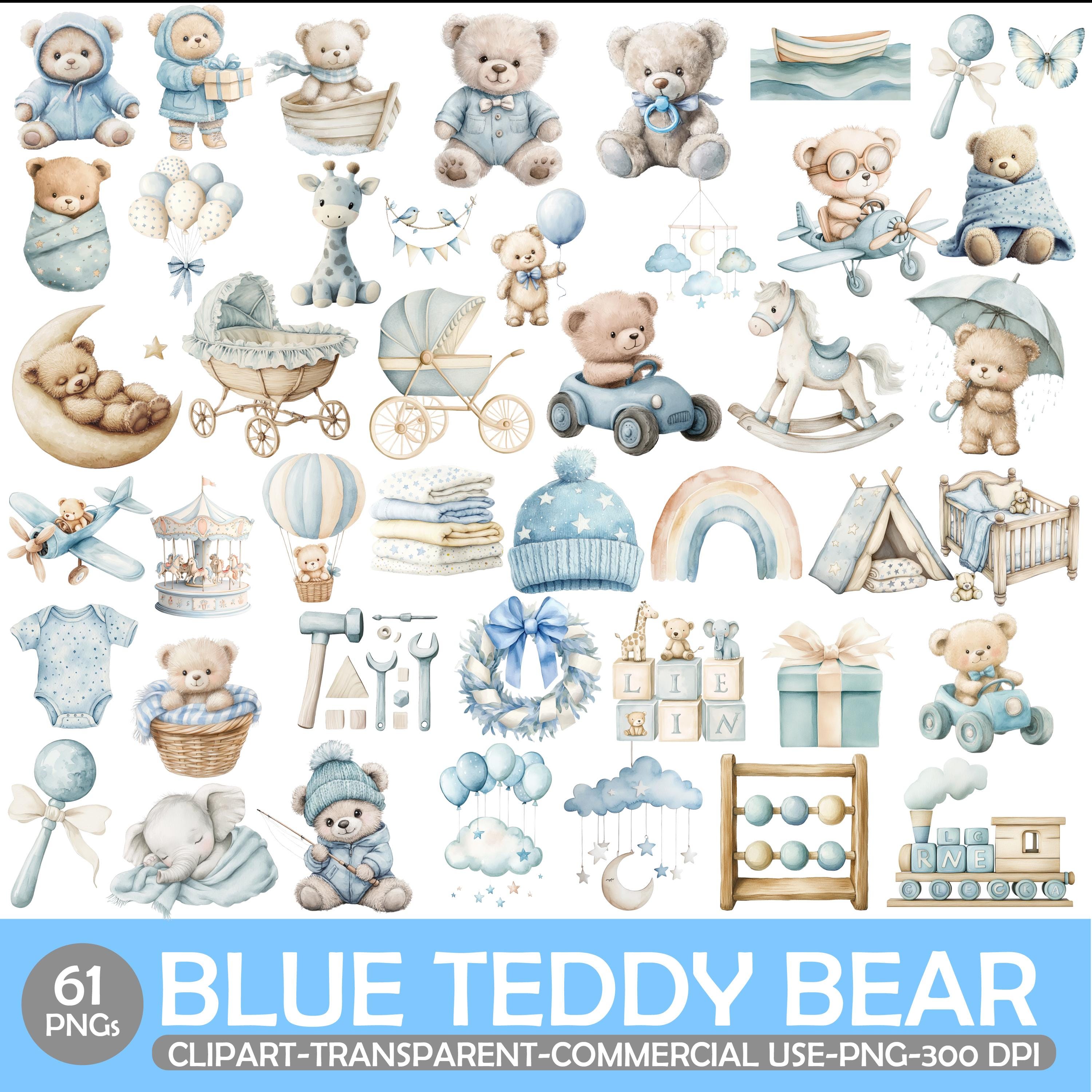 Blue Watercolor Teddy Bear Clipart Set, Baby Boy Nursery (PNG) - Etsy