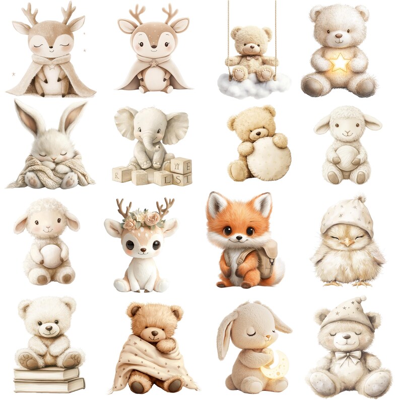 Boho Baby Animals Clipart Bundle, Nursery Decor PNG (140 PNG ...