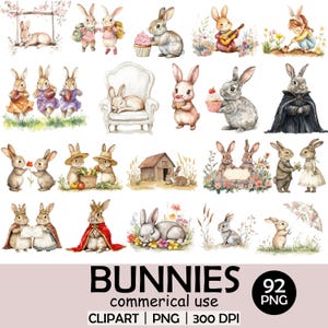 Watercolor Bunny Clipart Bundle, Cute Rabbit Clipart PNG, Wedding Bunny Illustration, Spring Easter Bunnies, Transparent Background