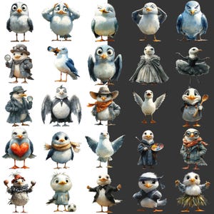K&ouml;nnte beinhalten: Eine Sammlung von Cartoon-M&ouml;wen in verschiedenen Posen und Outfits. Einige M&ouml;wen tragen H&uuml;te, M&auml;ntel und Schals, w&auml;hrend andere Lupen, Farbpaletten und L&ouml;ffel halten. Die V&ouml;gel sind mit ausdrucksstarken Gesichtern und detaillierten Federn dargestellt.