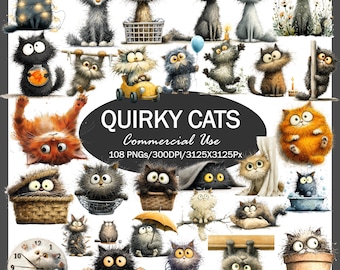 May include: A collection of whimsical cat illustrations in various poses and settings. The cats are depicted in a variety of colors, including gray, orange, and black. Some cats are in baskets, while others are holding balloons or sitting in flower pots.