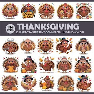 Op de afbeelding: Een verzameling kleurrijke cartoon kalkoen illustraties, sommige met accessoires zoals hoeden en sjaals. De tekst bevat "Gobble Hero!" en "Happy Yummy Day!". Het woord "Thanksgiving" is ook aanwezig.