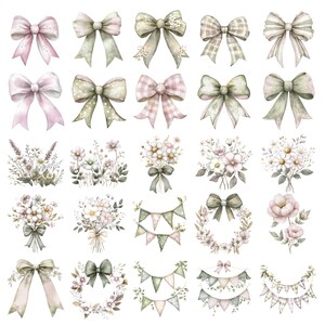 May include: Watercolor illustrations of bows, floral bouquets, garlands, and wreaths in soft pastel colors. The bows feature various patterns, including gingham and polka dots. The floral arrangements include daisies and other delicate flowers.
