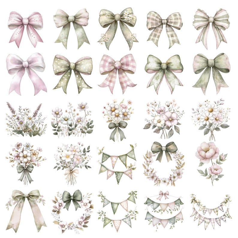 May include: Watercolor illustrations of bows, floral bouquets, garlands, and wreaths in soft pastel colors. The bows feature various patterns, including gingham and polka dots. The floral arrangements include daisies and other delicate flowers.