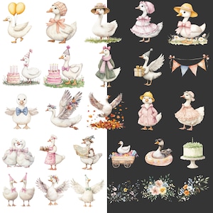 May include: Watercolor illustrations of white geese in various outfits and poses. Some geese wear hats, dresses, and bows. Others hold balloons, gifts, and birthday cakes. The images have a whimsical, storybook style.