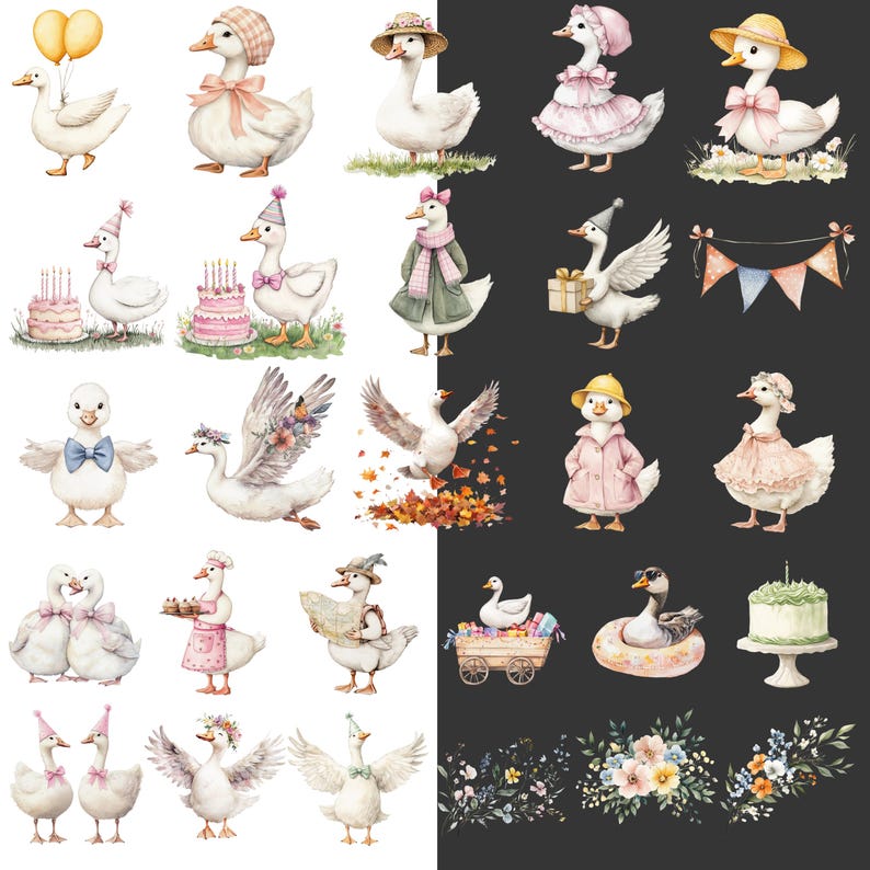 May include: Watercolor illustrations of white geese in various outfits and poses. Some geese wear hats, dresses, and bows. Others hold balloons, gifts, and birthday cakes. The images have a whimsical, storybook style.