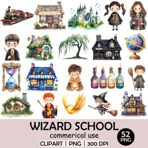 Lot de cliparts d'école de sorcier | Château magique, baguettes, potions et personnages | Ensemble PNG aquarelle | Utilisation commerciale