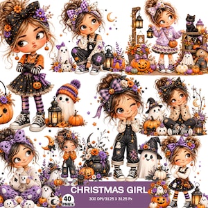Op de afbeelding: Een verzameling digitale illustraties van een meisje met een knotje, gekleed in Halloween-outfits met pompoenen, spoken, lantaarns en sterren. De tekst CHRISTMAS GIRL 40 PNG's 300 DPI/3125 x 3125 Px staat onderaan.