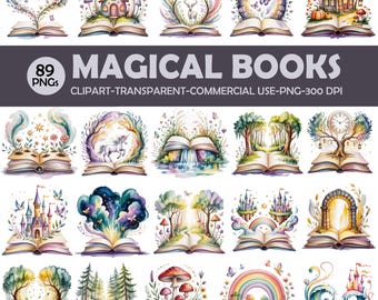 May include: A collection of 89 PNG images featuring watercolor illustrations of open books with magical themes. Each book displays a unique scene, including houses, forests, unicorns, and rainbows. The text "MAGICAL BOOKS" is displayed in the center.