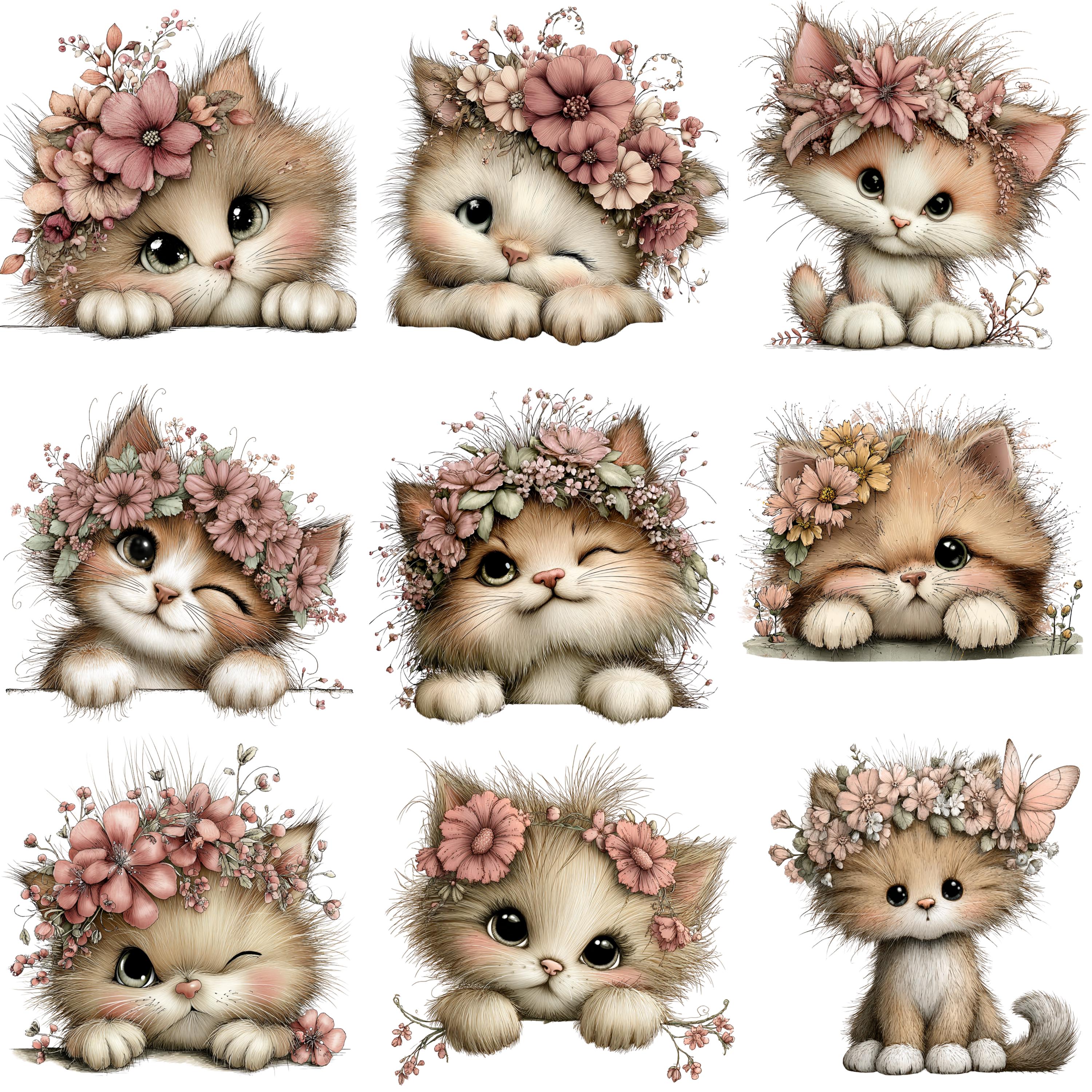 Floral Cat Watercolor Clipart Bundle, Spring Kitten PNG (commercial Use ...