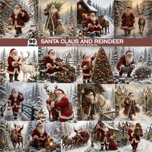 May include: A digital collection of 90 Santa Claus and reindeer images featuring Santa in a red coat with white fur trim, interacting with reindeer, decorating trees, and carrying gifts in snowy, winter forest and village settings.