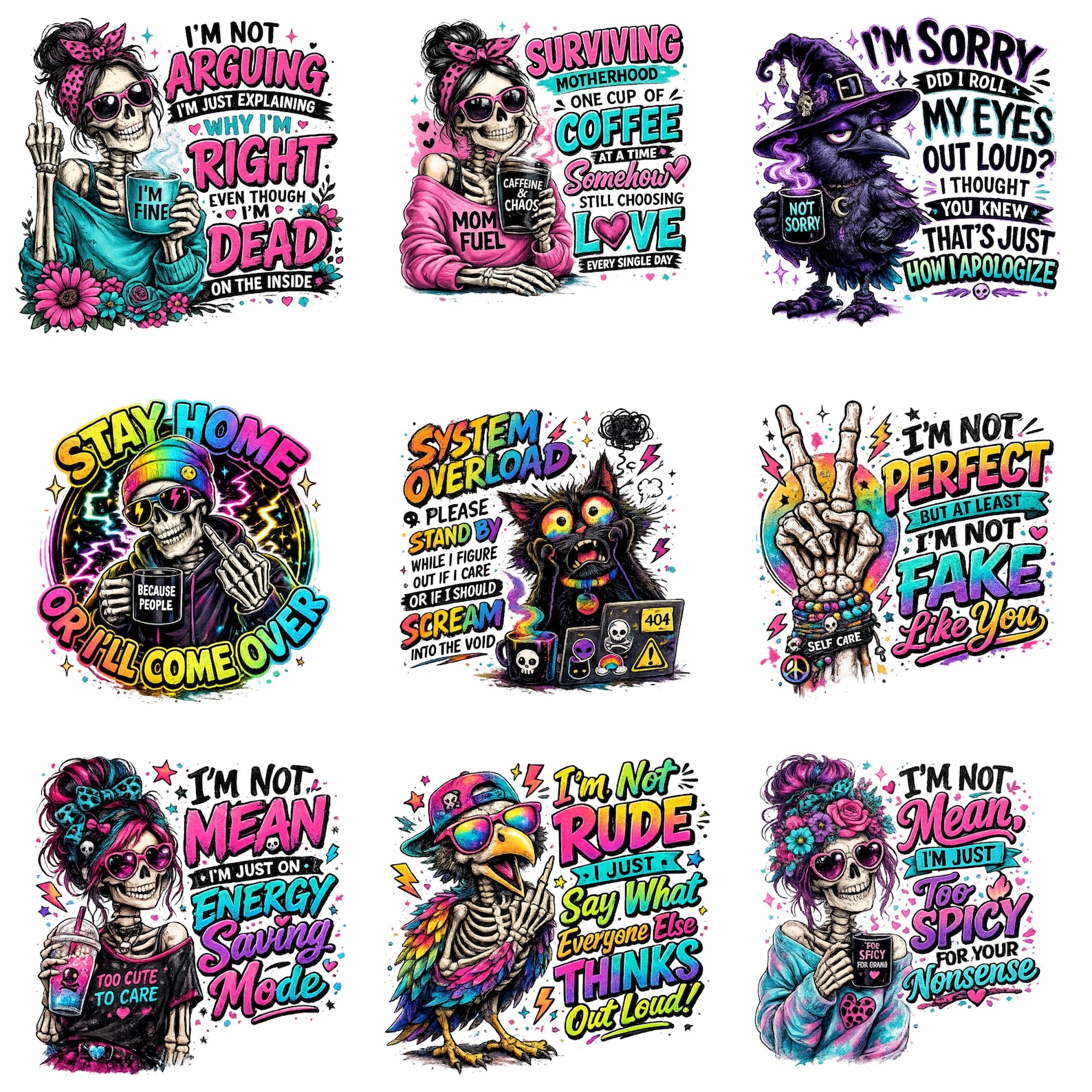 Funny Antisocial Skull PNG Bundle, Sarcastic Skeleton Quotes Clipart ...