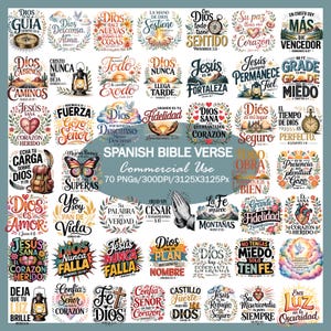 May include: A collection of 70 Spanish Bible verse designs in a variety of styles. Each design features inspirational quotes with decorative elements like flowers, lanterns, and hearts. The designs are in a variety of colors.