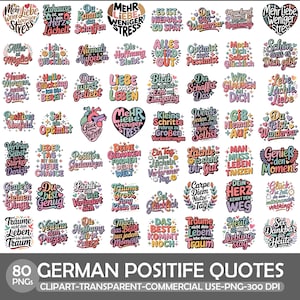 Könnte beinhalten: Eine Sammlung von 80 deutschen positiven Zitaten in verschiedenen Formen und Farben. Die Zitate sind in einer Vielzahl von Schriftarten und Stilen gehalten, mit Sätzen wie "Mehr Liebe, Weniger Stress" und "Du bist Wunderbar".