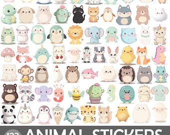 Könnte beinhalten: Eine Sammlung von 123 PNG-Tieraufklebern mit verschiedenen Zeichentieren, darunter Pinguine, Katzen und Bären. Die Aufkleber sind farbenfroh und mit einer niedlichen Ästhetik gestaltet. Der Text unten lautet "ANIMAL STICKERS" und "CLIPART-TRANSPARENT-COMMERCIAL USE-PNG-300 DPI."