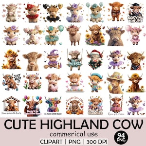 Cute Highland Cow Clipart | 94 PNG | Farm Animal PNG | Baby Cow Sublimation | Cute Cow Graphics | 300 DPI | Transparent Background