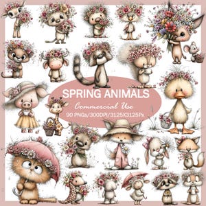 Puede incluir: Una colección de ilustraciones en acuarela con adorables animales de primavera. Cada animal, incluyendo un cerdo, un pato y un zorro, está adornado con coronas y ramos de flores. La imagen incluye el texto "SPRING ANIMALS COMMERCIAL USE".