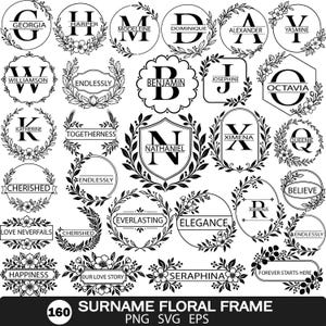 Bundel met 160 SVG-bestanden voor bloemenframes met achternamen, SVG-bestanden voor monogramkransen, PNG-bestanden voor frames met familienamen en Cricut-snijbestanden met gesplitste letters en bloemen.