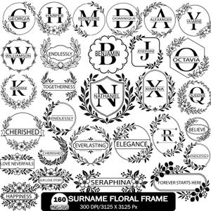 Op de afbeelding: Een verzameling van 160 zwart-witte digitale grafische ontwerpen met bloemenframes, monogrammen en tekstelementen zoals Georgia, Harper, Benjamin en Everlasting. Deze cirkelvormige, ovale en schildvormige frames bevatten botanische motieven.