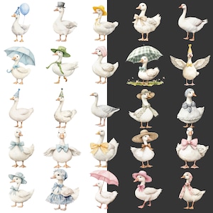 May include: Watercolor illustrations of white geese wearing various accessories, including hats, bows, and umbrellas. Some geese are adorned with party hats and balloons, while others sport bonnets and scarves. The artwork has a whimsical, storybook feel.