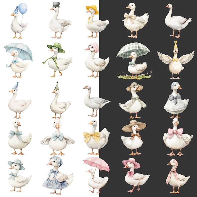 May include: Watercolor illustrations of white geese wearing various accessories, including hats, bows, and umbrellas. Some geese are adorned with party hats and balloons, while others sport bonnets and scarves. The artwork has a whimsical, storybook feel.