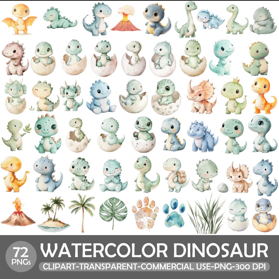 Watercolor Dinosaur Clipart Set, Baby Dino PNG Bundle (72 Files) - Etsy