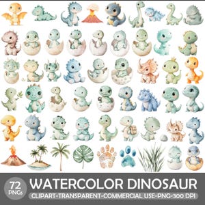 Watercolor Dinosaur Clipart Set, Baby Dino PNG Bundle (72 Files)