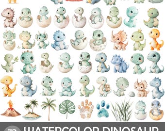 Watercolor Dinosaur Clipart Set, Baby Dino PNG Bundle (72 Files)