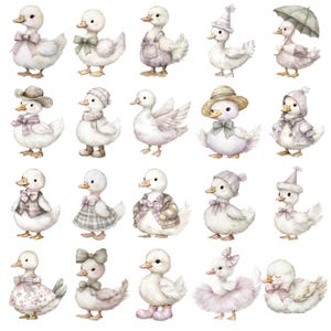 May include: A collection of watercolor illustrations featuring adorable white ducklings in various outfits. The ducklings are adorned with bows, hats, scarves, and dresses in soft pastel colors like pink, lavender, and beige. Some ducklings are wearing boots and holding umbrellas.