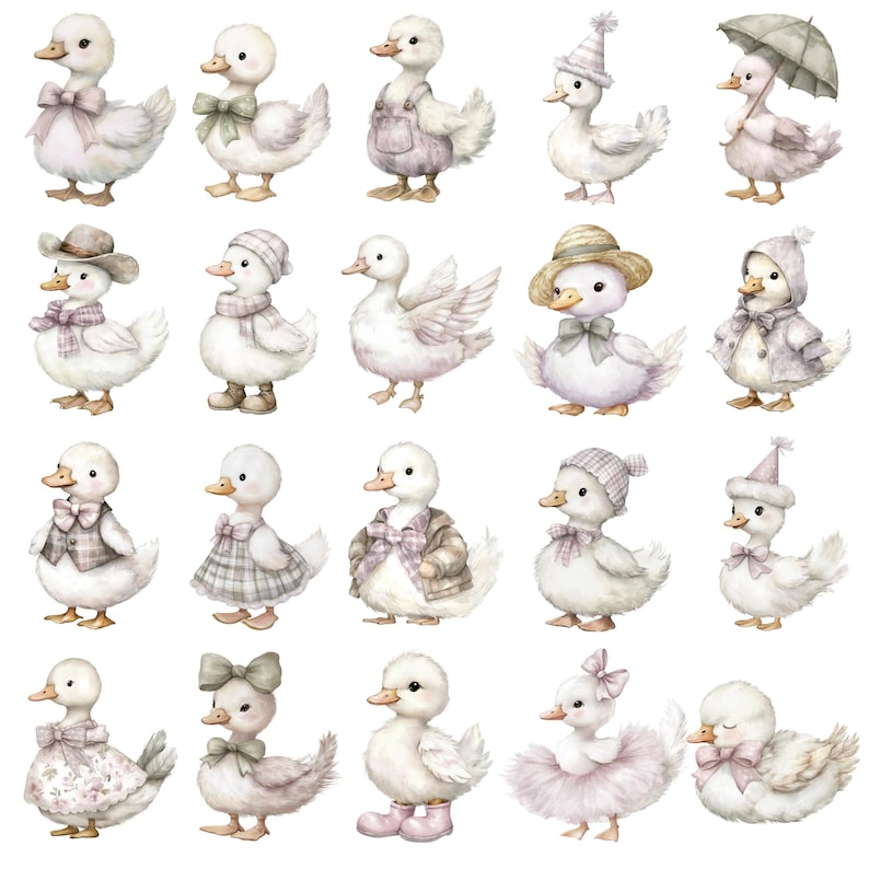 May include: A collection of watercolor illustrations featuring adorable white ducklings in various outfits. The ducklings are adorned with bows, hats, scarves, and dresses in soft pastel colors like pink, lavender, and beige. Some ducklings are wearing boots and holding umbrellas.