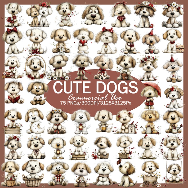 Whimsical Puppy Clipart Bundle, Vintage Dog PNG Collection (commercial ...