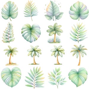 May include: Watercolor illustrations of tropical leaves and palm trees in shades of green and yellow. The collection includes monstera leaves, fern-like foliage, and stylized palm trees, perfect for botanical-themed designs.