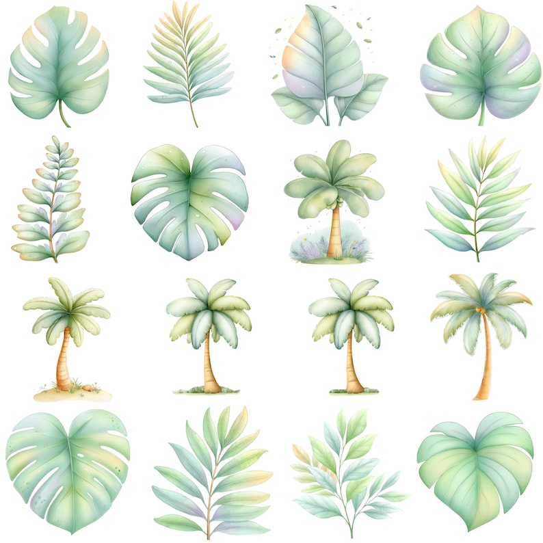 May include: Watercolor illustrations of tropical leaves and palm trees in shades of green and yellow. The collection includes monstera leaves, fern-like foliage, and stylized palm trees, perfect for botanical-themed designs.