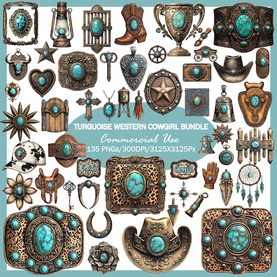 Turquoise Western Clipart Bundle, Cowgirl PNG Set (300 DPI, 135 files)