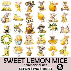 May include: Watercolor illustrations of adorable mice interacting with lemons. The mice are depicted in various scenes, such as riding scooters, baking, and carrying lemons. The color palette is primarily yellow and white, with a whimsical and cheerful aesthetic.