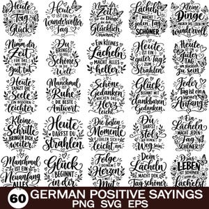 Könnte beinhalten: Eine Sammlung von 60 schwarz-weißen digitalen Grafikdesigns mit deutschen Motivationssprüchen, dekorativen floralen Elementen, Schmetterlingen und Herzen, angeordnet in einem Raster mit dem Text 60 GERMAN POSITIVE SAYINGS PNG SVG EPS.
