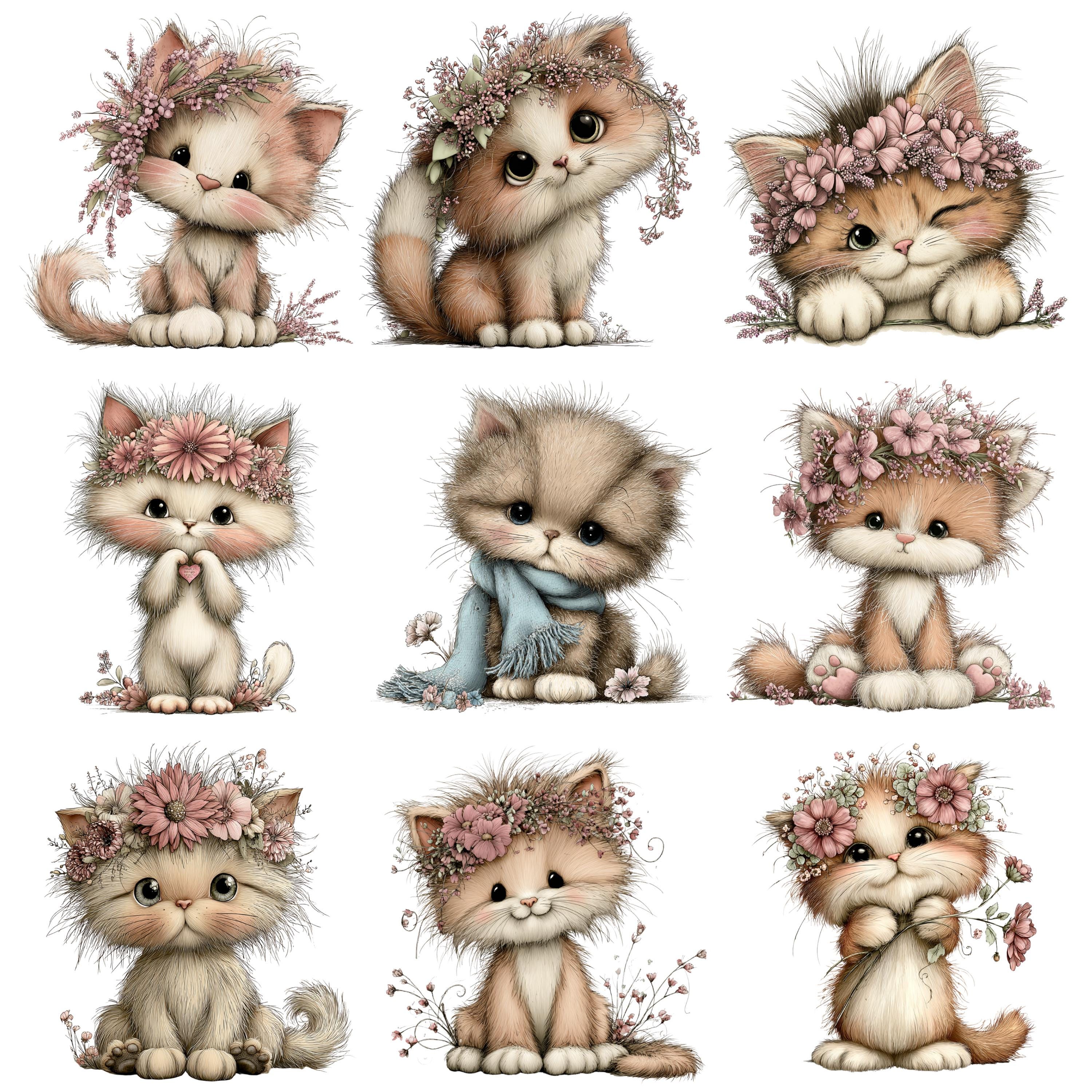Floral Cat Watercolor Clipart Bundle, Spring Kitten PNG (commercial Use ...