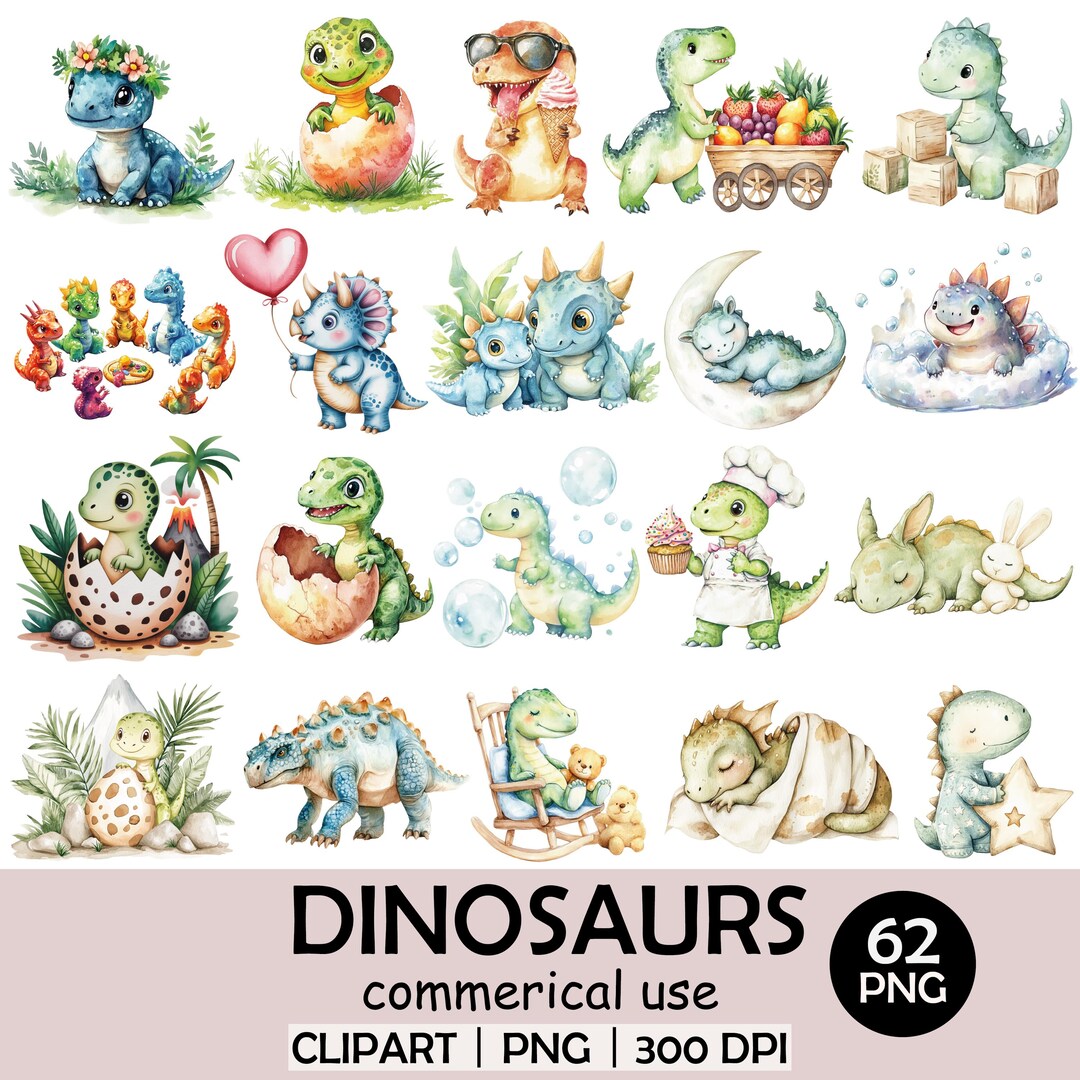Watercolor Baby Dinosaurs Clipart Set: Nursery PNG Illustrations (62 ...