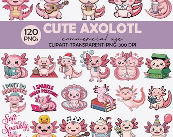 Paquete de imágenes prediseñadas de ajolote kawaii, pegatinas PNG (descarga digital)