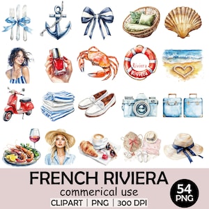 Pacchetto Clipart della Costa Azzurra / 54 PNG per le vacanze estive in acquerello / Moda, cibo, viaggi, decorazioni / Sfondo trasparente