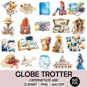 Clipart de viagem Globe Trotter em aquarela – Mala, câmera, avião, palmeira PNG