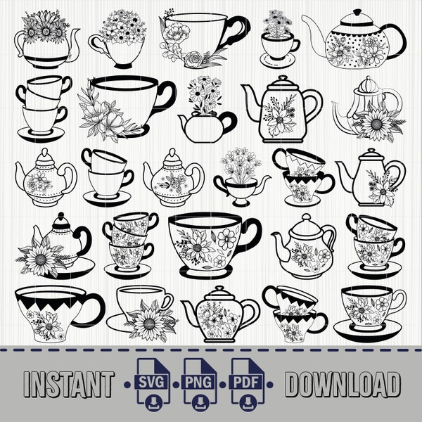 Teapot SVG, Teacup SVG, Tea pot flowers svg, tea cup flowers, tea cup cut file, Tea svg file, Teapot floral svg, Tea cup floral, coffee cup