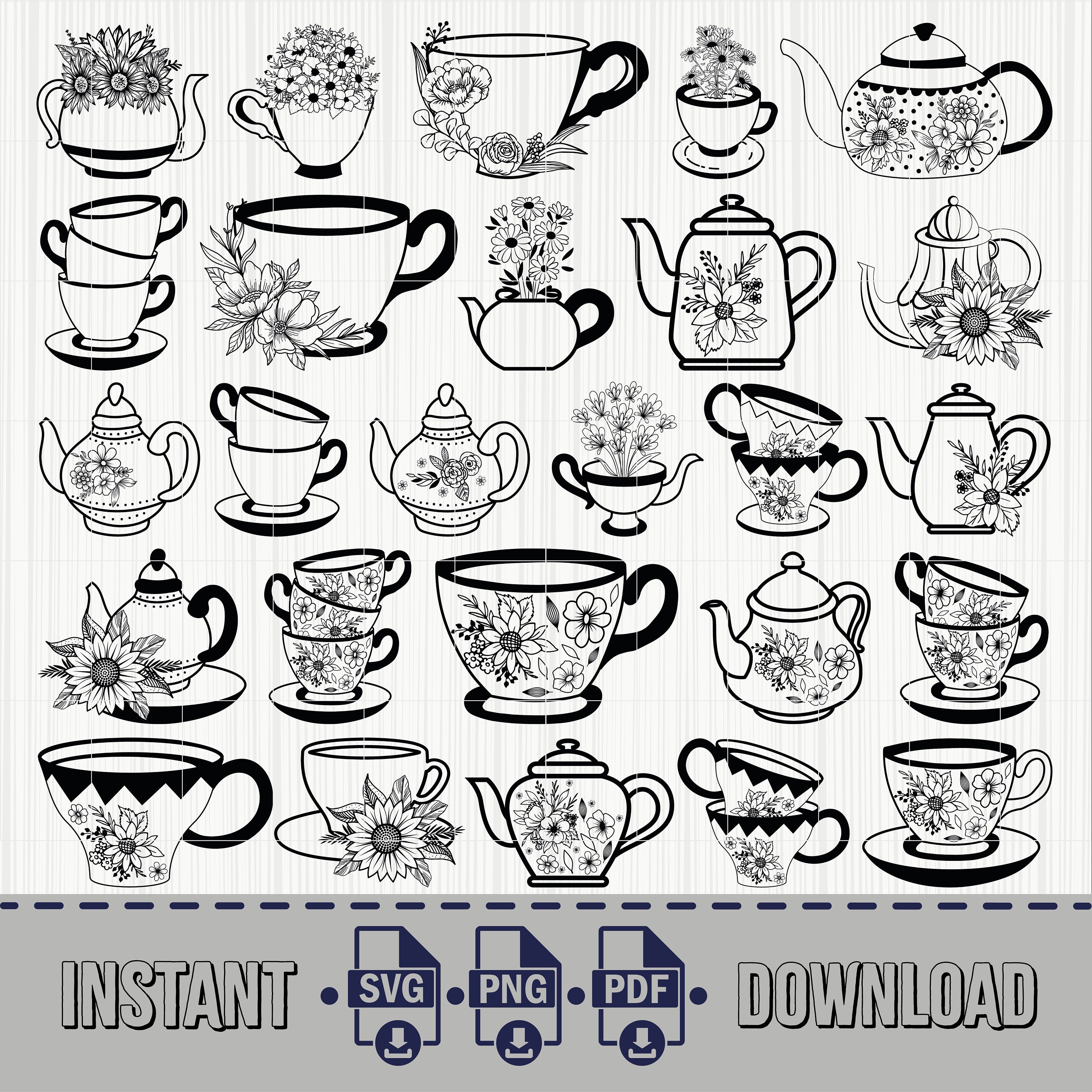 Teapot SVG, Teacup SVG, Tea Pot Flowers Svg, Tea Cup Flowers, Tea Cup