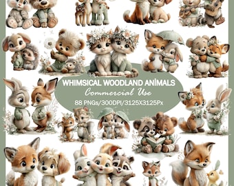 May include: A collection of whimsical woodland animal illustrations, including foxes, bears, rabbits, and deer. The image features various pairs of animals in a soft, pastel color palette, with some wearing floral crowns or holding objects. Text reads "Whimsical Woodland Animals Commercial Use".