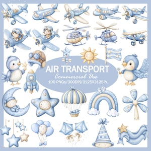 Puede incluir: Colección de ilustraciones en acuarela con varios vehículos de transporte aéreo y elementos caprichosos. Incluye aviones, helicópteros, un globo aerostático y personajes de dibujos animados. Se muestra el texto "AIR TRANSPORT".
