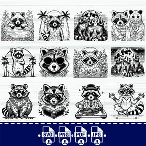 Pu&ograve; includere: Una collezione di illustrazioni in bianco e nero di procioni in varie pose. Alcuni procioni indossano occhiali da sole, cappelli o papillon. Altri sono mostrati con un giradischi, leggendo un libro o in posa yoga. L'immagine include icone di tipo di file SVG, PNG, PDF e JPG.