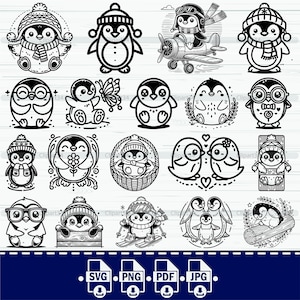 Lindo paquete de pingüinos SVG, paquete de pingüinos PNG, clipart de pingüino, archivo de corte SVG de pingüino Cricut, silueta de pingüino, archivo de corte de pingüino, vector, pdf