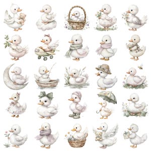 May include: A collection of watercolor illustrations featuring adorable white ducklings in various poses. Some ducklings are wearing accessories like hats, scarves, and bows, while others hold flowers or toys. The overall theme is whimsical and charming.