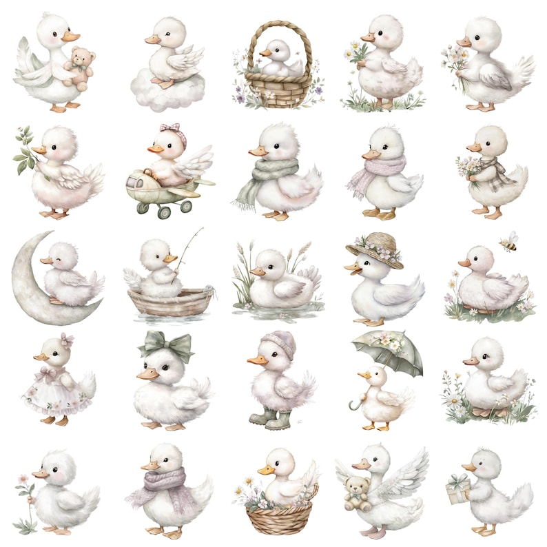 May include: A collection of watercolor illustrations featuring adorable white ducklings in various poses. Some ducklings are wearing accessories like hats, scarves, and bows, while others hold flowers or toys. The overall theme is whimsical and charming.