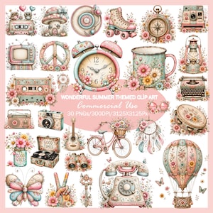 May include: A collection of thirty digital illustrations featuring summer-themed objects including a bicycle, hot air balloon, alarm clock, rotary phone, camera, and musical instruments, all decorated with pastel floral patterns and soft colors.